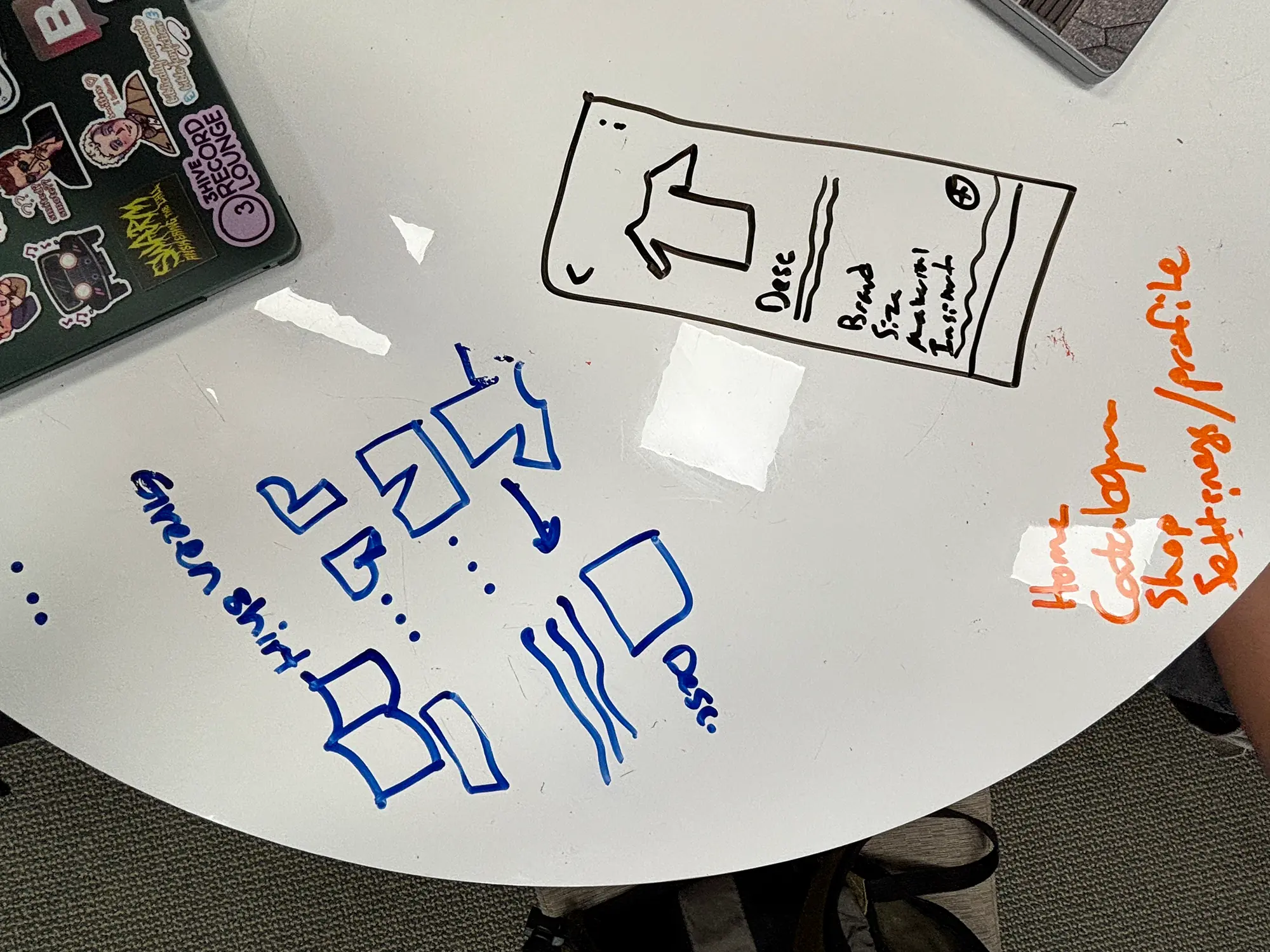 Table sketches exploring screen structure and navigation